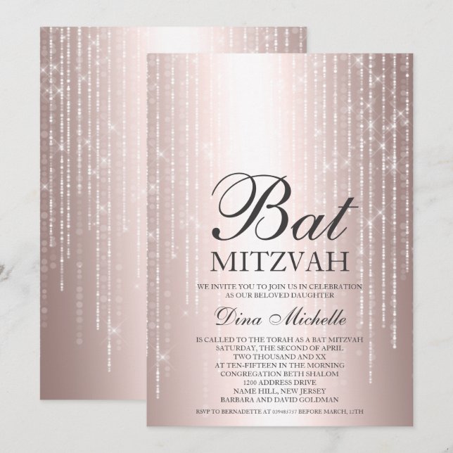 ljus chic för metallsträngen Ro guld Bat mitzvah  Inbjudningar (Fram/baksida)