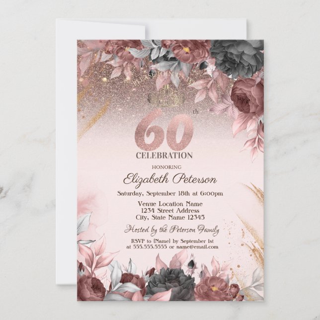 Ljus, Chic Glitter Blommor 60-årsdag  Inbjudningar (Framsida)