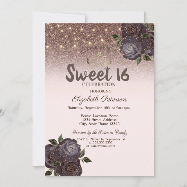Ljus, Chic Rosor Glitter Sweet 16 Inbjudningar (Framsida)