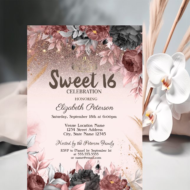 Ljus,Chica Blommor Glitter Sweet 16 Inbjudningar (Skapare uppladdad)