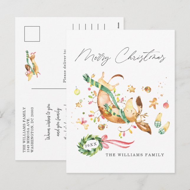 Ljus Cute Lycklig Hund Dachshund jul Helg Vykort (Fram/baksida)