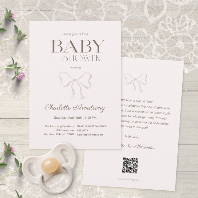 Ljus dammig ros vattenfärg båge baby shower inbjudningar (Subtle Dusty Rose Watercolor Bow Baby Shower Invitation ©Susanne Sachers - Sunny Mind 🌞)