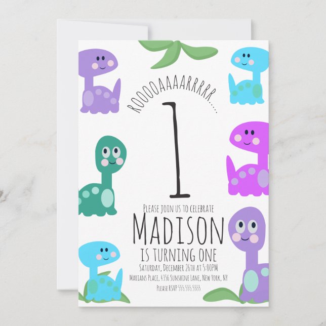 Ljus dinosaurie födelsedagsinbjudan inbjudningar (Framsida)