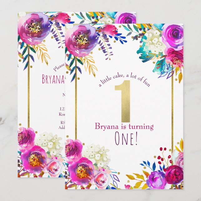 Ljus Djärv Färgrik Blommig Modern 1-års Födelsedag Inbjudningar (Fram/baksida)