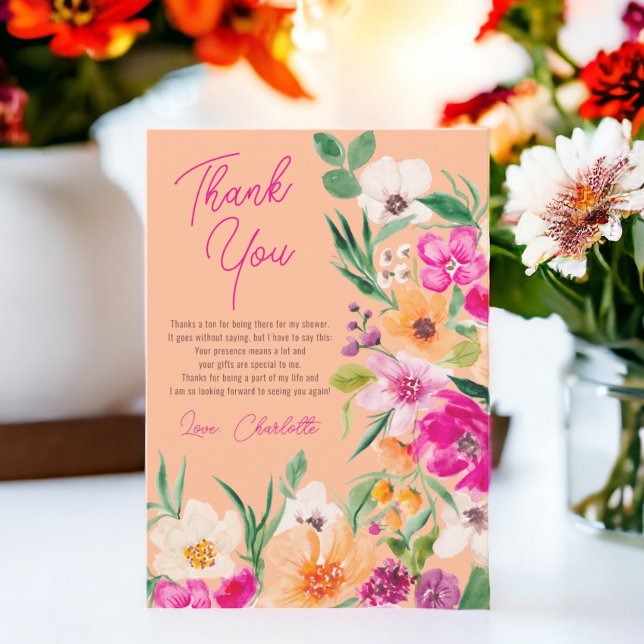 Ljus dristig vilda blommor skrift bröllopsdusch tack kort (Bright bold wild flowers script bridal shower thank you card)