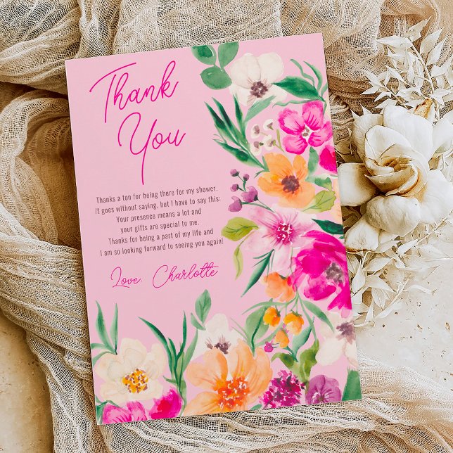 Ljus dristig vilda blommor skrift bröllopsdusch tack kort (Bright bold wild flowers script bridal shower thank you card on pastel pink)
