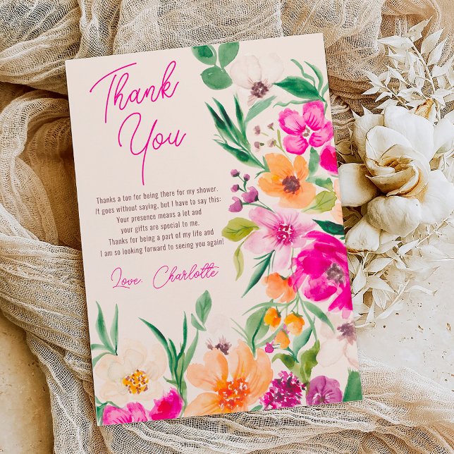 Ljus dristig vilda blommor skrift bröllopsdusch tack kort (Bright bold wild flowers script bridal shower thank you card on ivory beige)