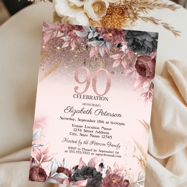 Ljus, Eleganta Blommor Glitter 90-årsdag Inbjudningar (Skapare uppladdad)