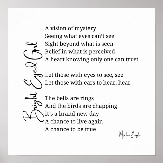 Ljus Eyed Girl Inspirational Dikt Wall Art Decor Poster (Framsidan)