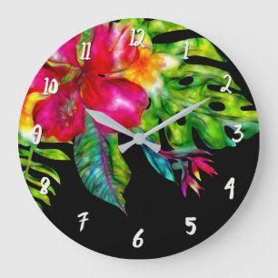 Ljus färg tropiskt blommotiv Hibiskus & blad Stor Klocka