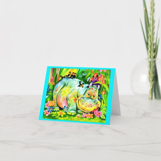 ljus färgglad flodhäst födelsedagsfest inbjudan (Framsida)