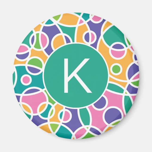 Ljus Färgrik Galen Cirklar Mönster Monogram Magnet (Framsidan)