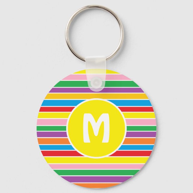 Ljus färgrik regnbågsrandig monogram nyckelring (Framsida)