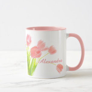 Ljus, färsk, Rosa Tulip Bouquet på vit namn Mugg
