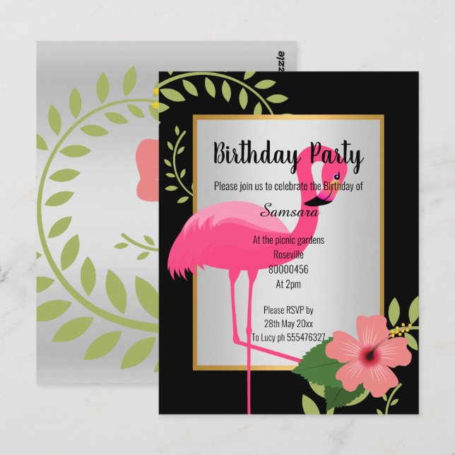 LJUS FLAMINGO HIBISCUS SILVER GULD INVITATION VYKORT (Fram/baksida)