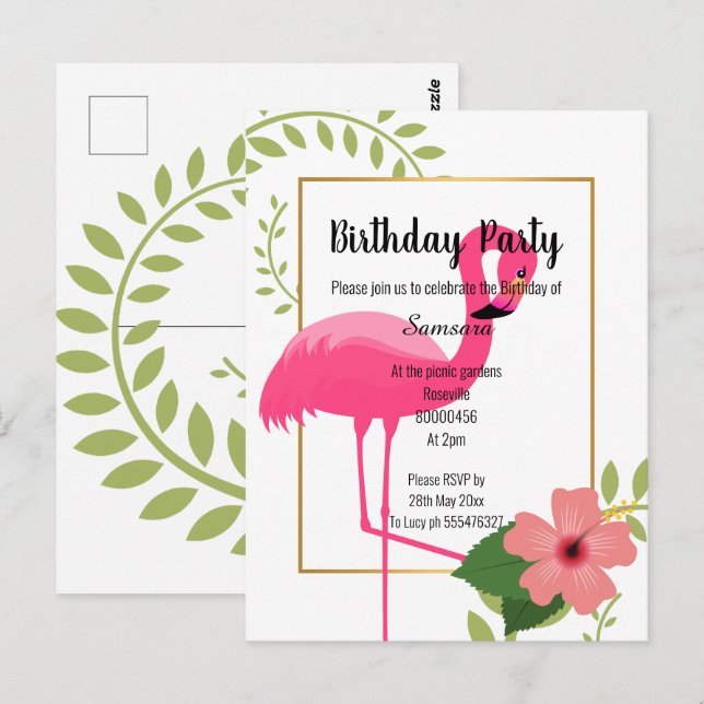 LJUS FLAMINGO HIBISCUS VIT GULD FÖDELSEDAG VYKORT (Fram/baksida)