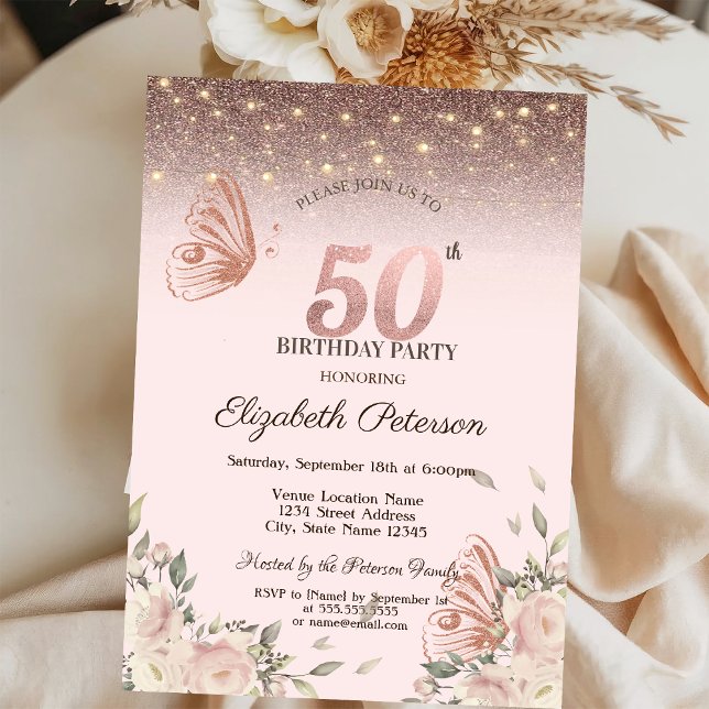 Ljus,Flowers Glitter Butterflies 50:e födelsedagen Inbjudningar (Skapare uppladdad)