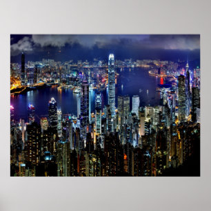 Ljus för Hong Kong stadshorisont på natten Poster