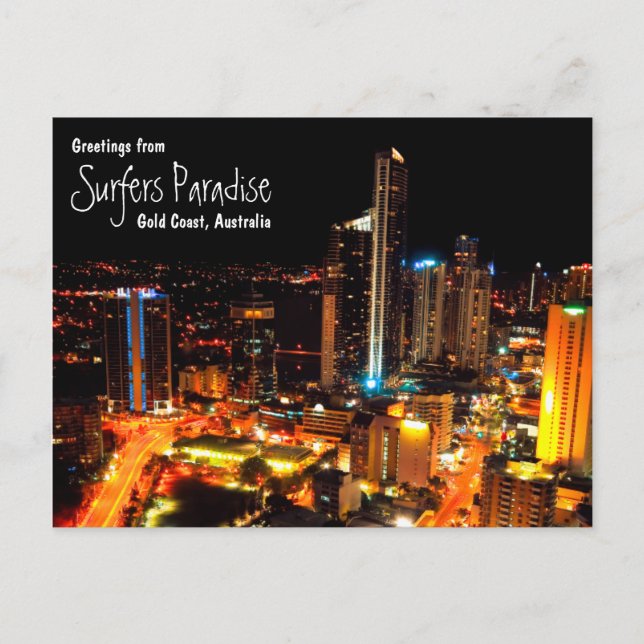 Ljus för surfareparadisGold Coast Australien stad Vykort (Framsida)
