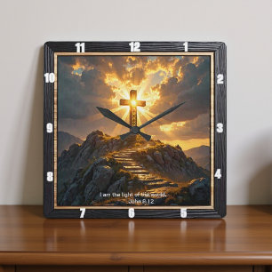 Ljus Frälsning Kors Trappa Berg Johannes 8:12 Fyrkantig Klocka