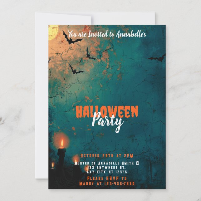 Ljus Fullmåne Fladdermöss Halloweenfest Inbjudningar (Framsida)
