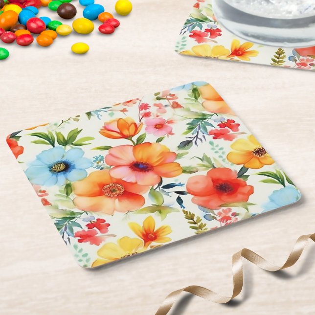 Ljus Glad Vattenfärg Vallmo Blommig Coaster Underlägg Papper Kvadrat (Skapare uppladdad)
