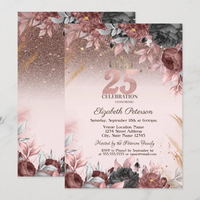 Ljus, Glittrande Chic Blommor 25-års Födelsedag Inbjudningar (Fram/baksida)