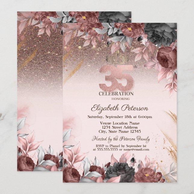 Ljus, Glittrande Chic Blommor 35-års Födelsedag Inbjudningar (Fram/baksida)