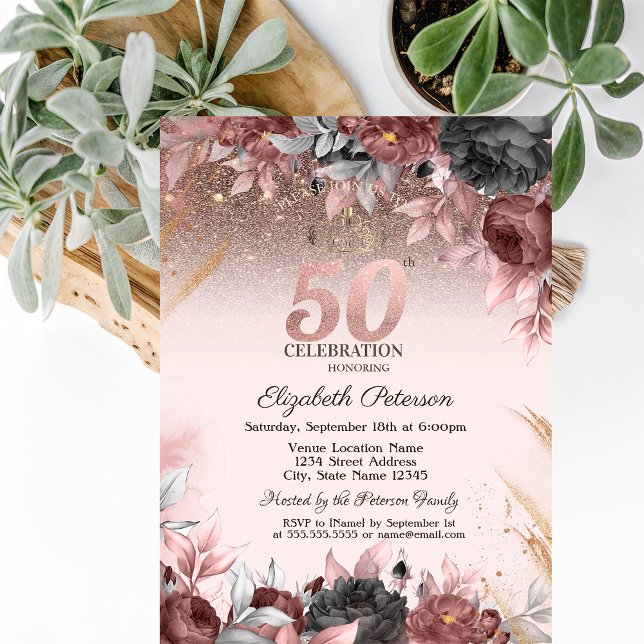 Ljus, Glittrande Chic Blommor 50-års Födelsedag Inbjudningar (Skapare uppladdad)