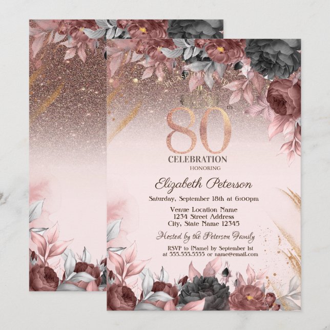 Ljus, Glittrande Chic Blommor 80-års Födelsedag Inbjudningar (Fram/baksida)