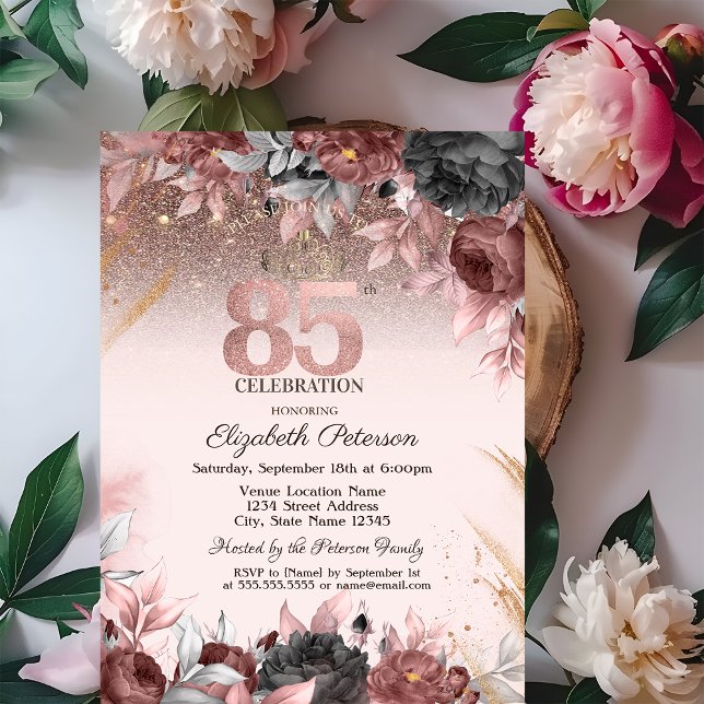 Ljus, Glittrande Chic Blommor 85-årsdag Inbjudningar (Skapare uppladdad)