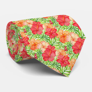 Ljus Glödande Solnedgång Akvarell Tropisk Hibiskus Slips