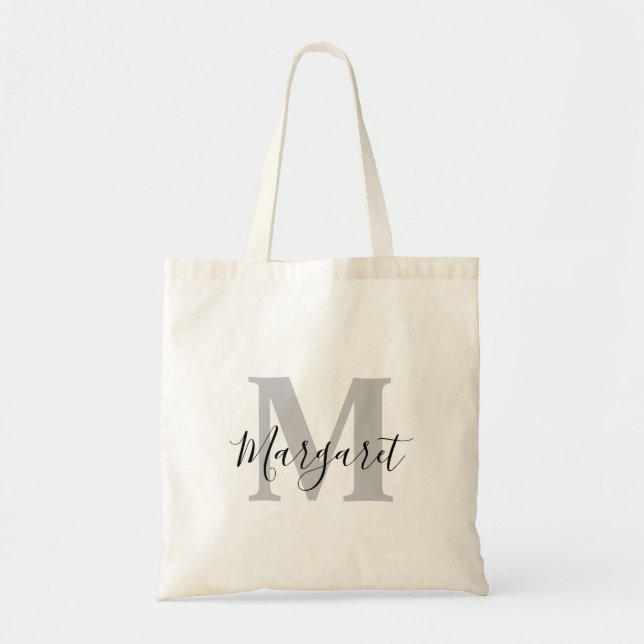 Ljus Grått Monogram Black Script Namn Tote Bag Tygkasse (Framsidan)