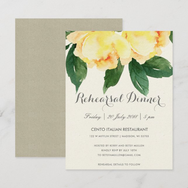 LJUS GUL VATTENFÄRGBLOMMIGTREPETITION MIDDAG INBJUDNINGAR (Fram/baksida)