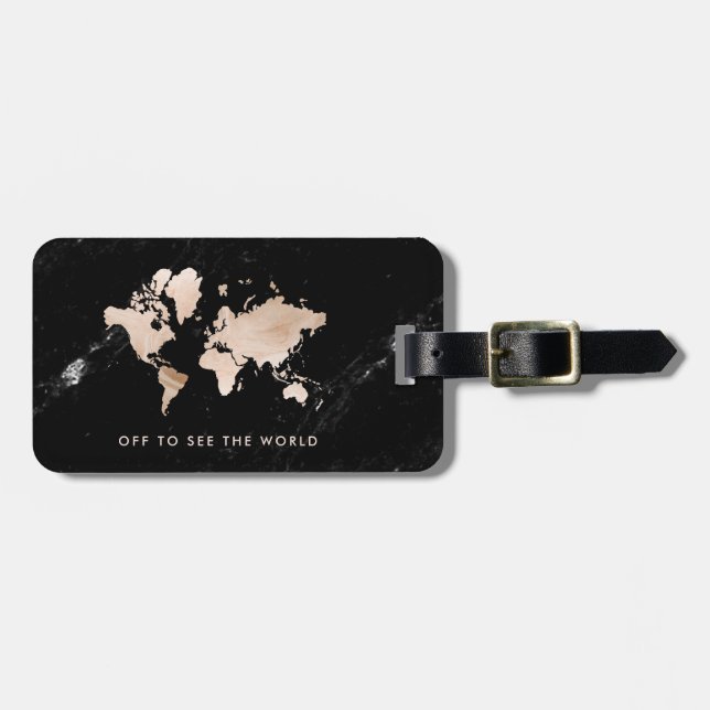 Ljus guld- världskarta på svart marmor bagagebricka (Horisontell Framsida)