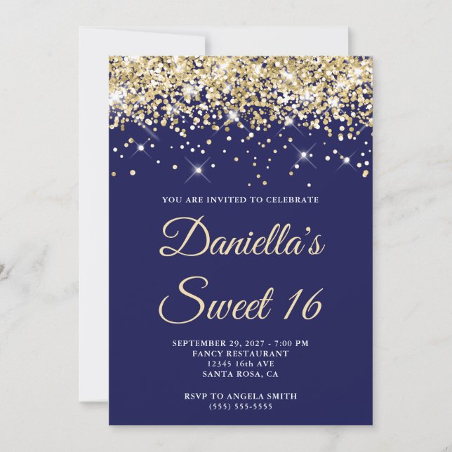 Ljus gyllenglitter Navy Sweet 16 Inbjudningar (Framsida)
