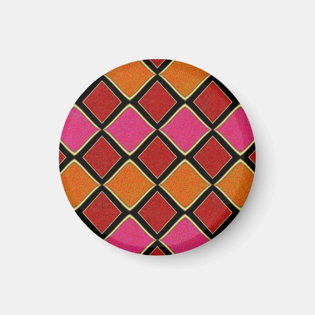 Ljus Harlekin-diamantmönster i rött, orange,  Magnet (Framsidan)