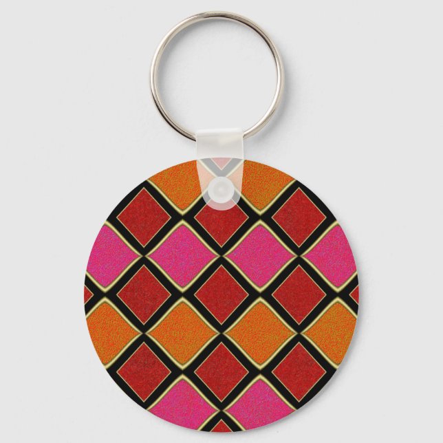 Ljus Harlekin-diamantmönster i rött, orange,  Nyckelring (Framsida)