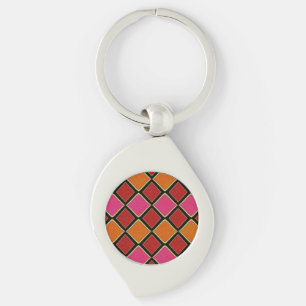 Ljus Harlekin-diamantmönster i rött, orange, Swirl Silverfärgad Nyckelring