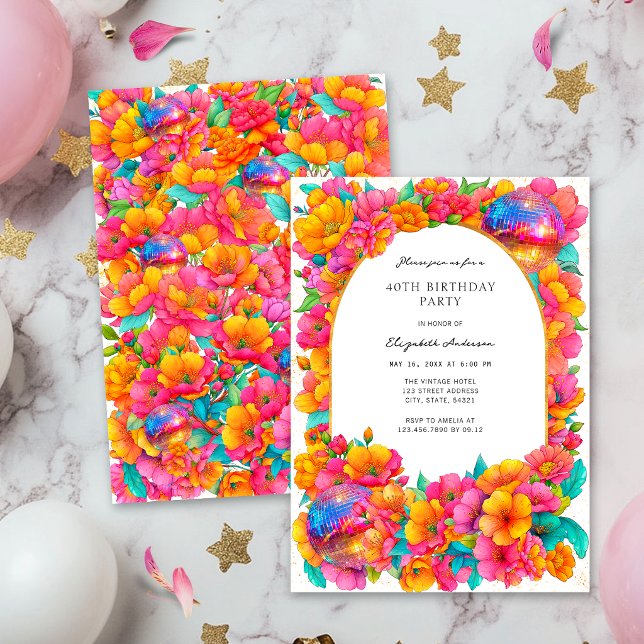Ljus het rosa glitter blommig diskokula födelsedag inbjudningar (Skapare uppladdad)