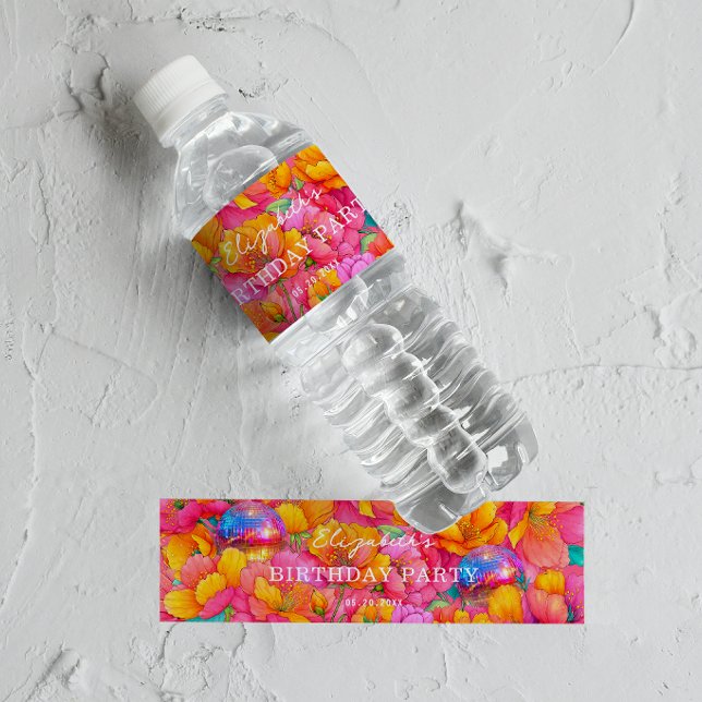 Ljus het rosa orange blommande diskoboll födelseda vattenflaskor etikett (Skapare uppladdad)