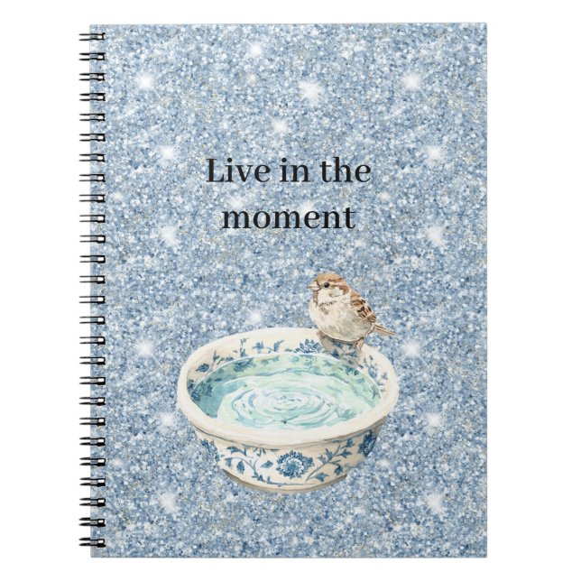 Ljus himmelblå glitterfågelbad anteckningsbok (Framsidan)
