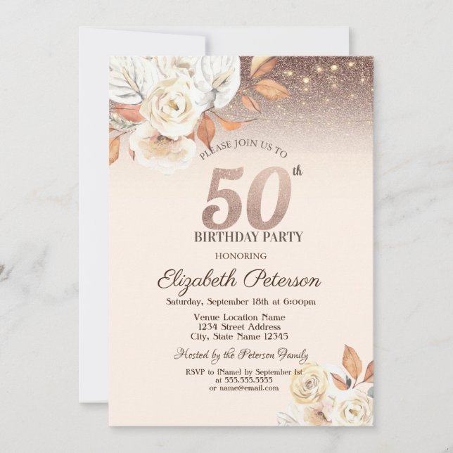 Ljus, Höstblommor Glitter Bokeh 50-års födelsedag Inbjudningar (Framsida)