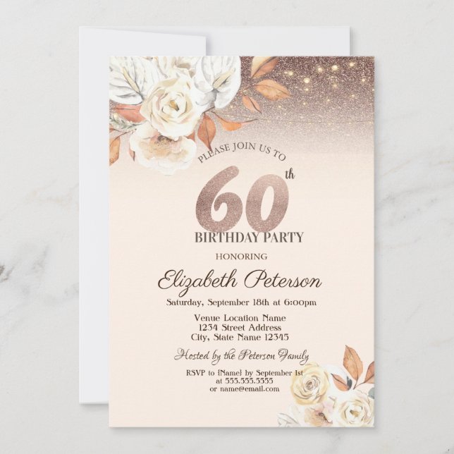 Ljus,Höstblommor Glitter Bokeh 60:e födelsedagen Inbjudningar (Framsida)