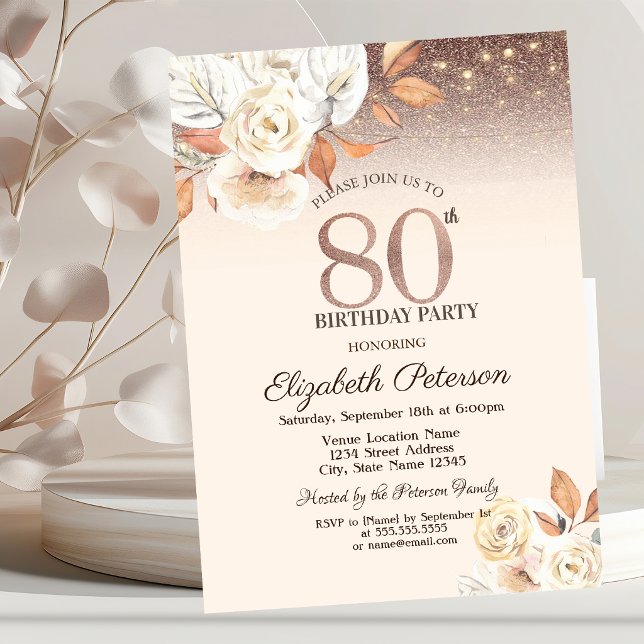 Ljus, Höstblommor Glitter Bokeh 80-årsdag Inbjudningar (Skapare uppladdad)