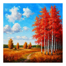 Ljus höstlandskap med röda träd och en mild