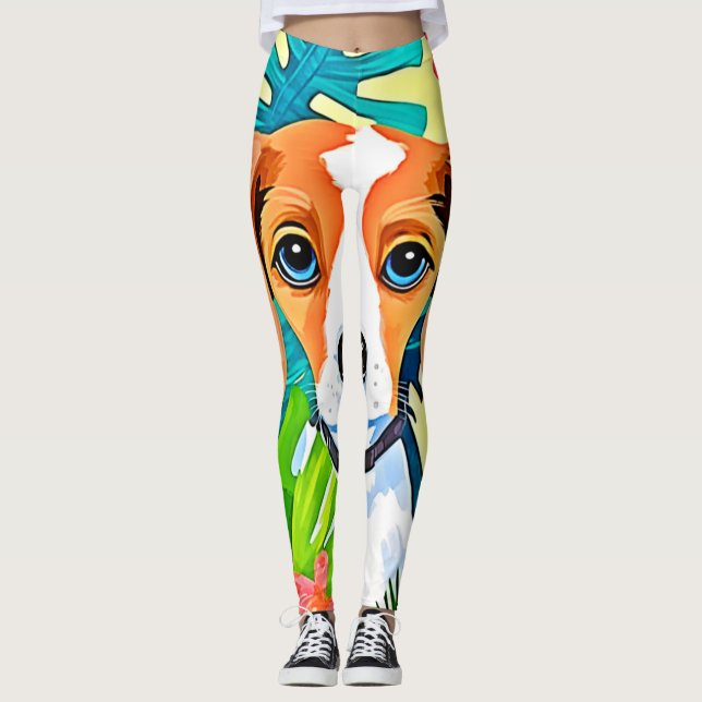Ljus Hund med Blommor Leggings (Framsida)