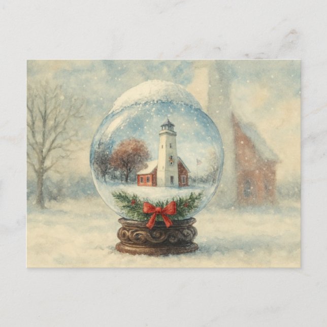 Ljus hus Snöglob Vinter jul postkort Vykort (Framsida)