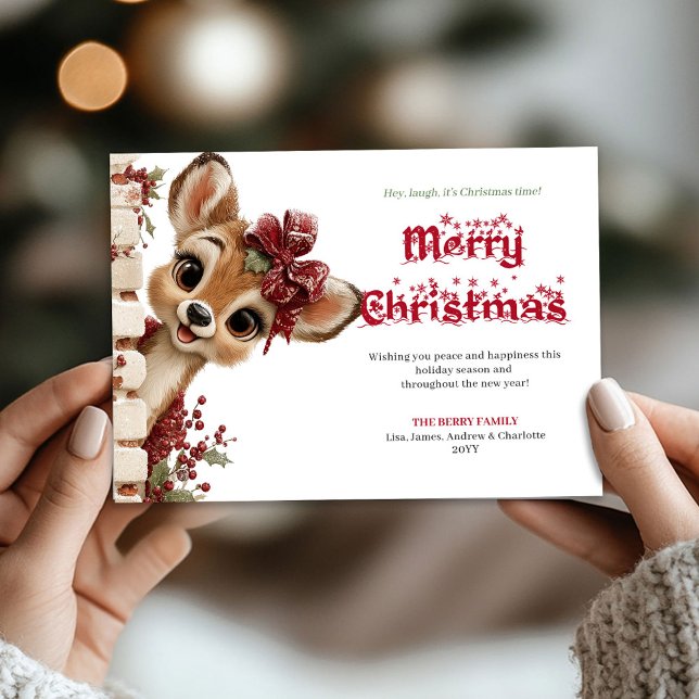 Ljus jul bebis rådjur tittar glada kort (Bright Christmas baby deer peeking cheerful card)