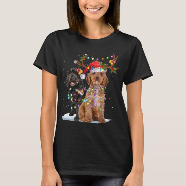 Ljus jul för Cockapoo Reindeer Santa Hat Julafton T Shirt (Framsida)
